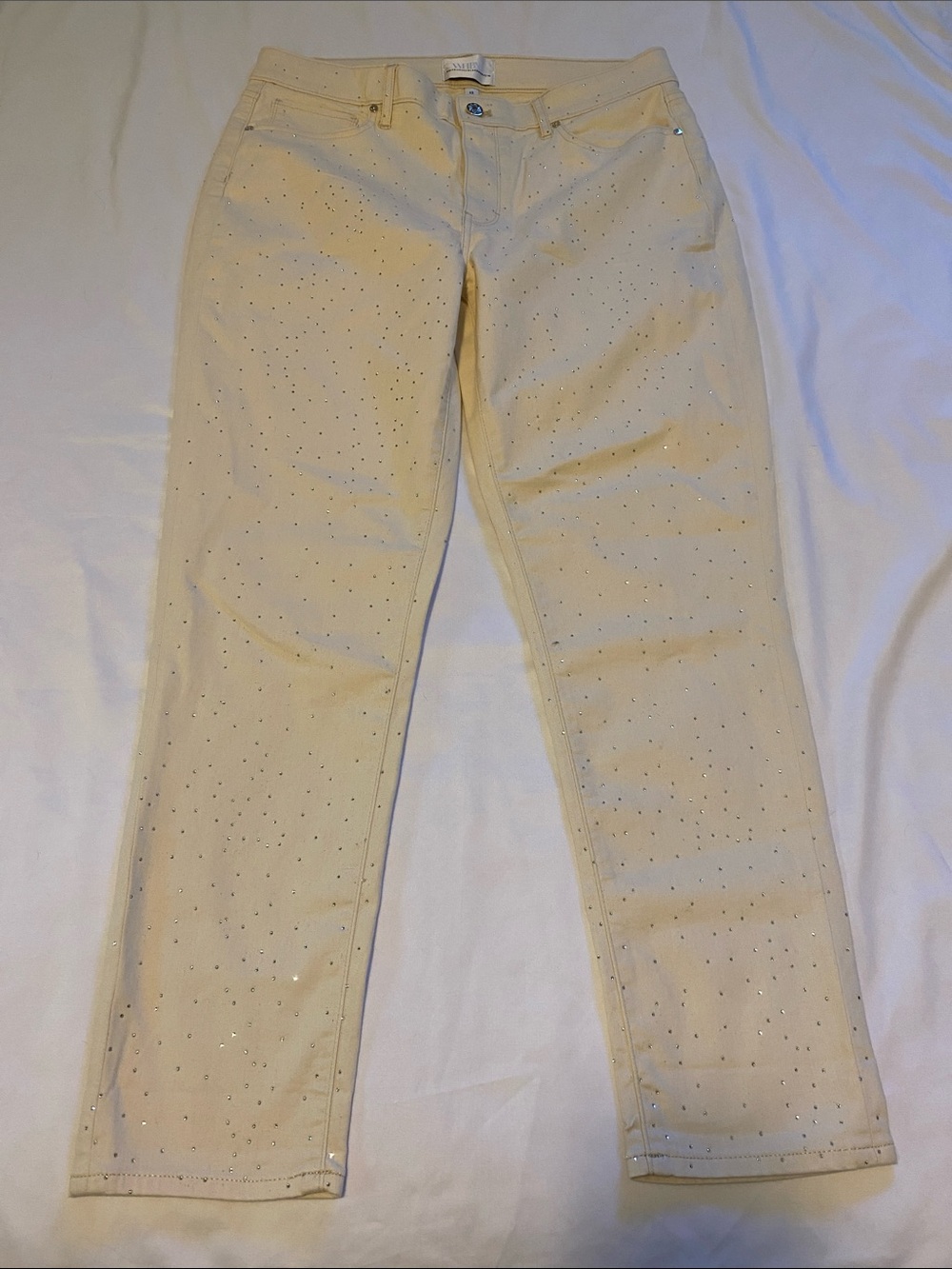 NWT WHBM Girlfriend Mid-Rise jeans w silver rhintesone accents throughout sz 12